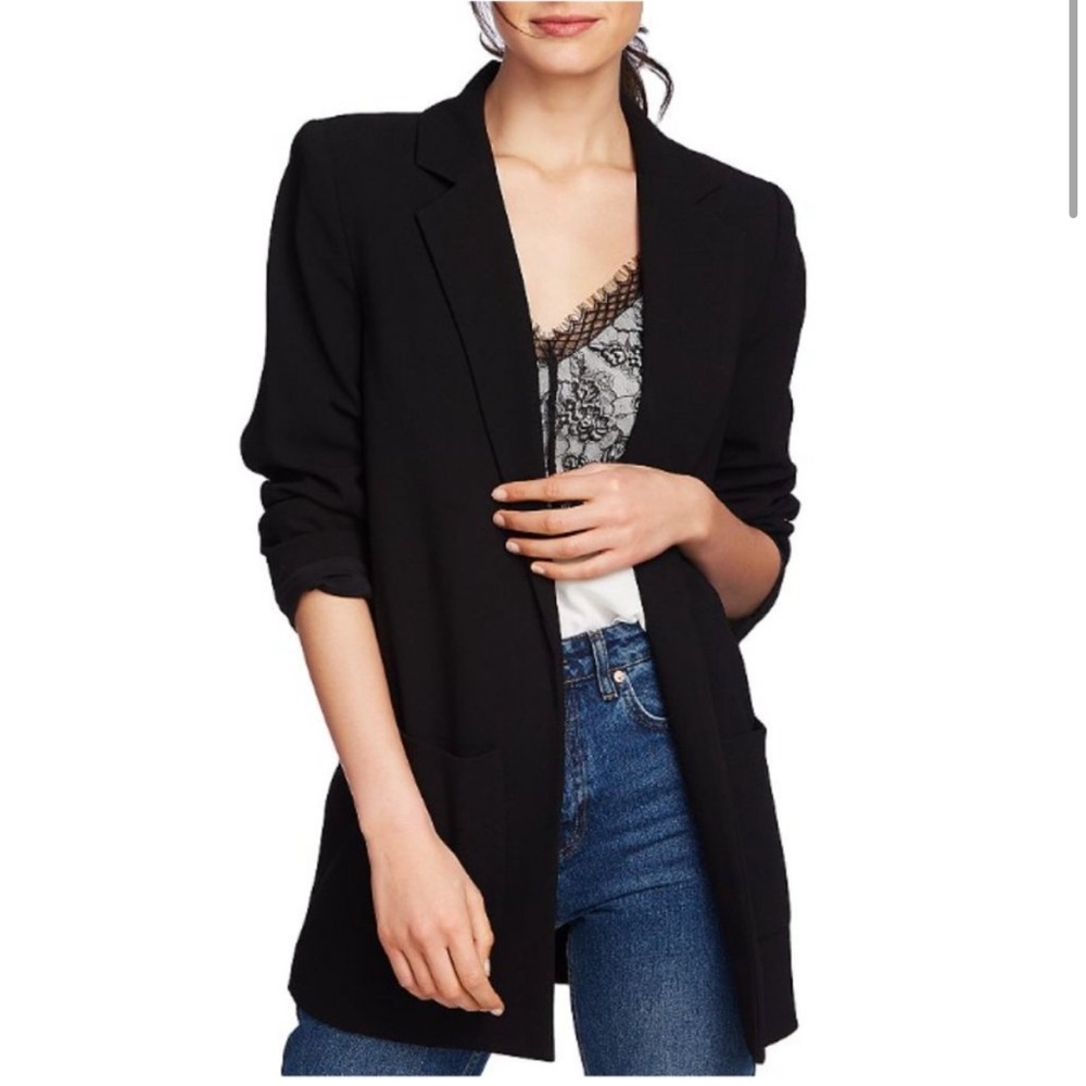 Minimalist Black Open Front Blazer Jacket Relaxed Knit Quiet Luxury Size 6